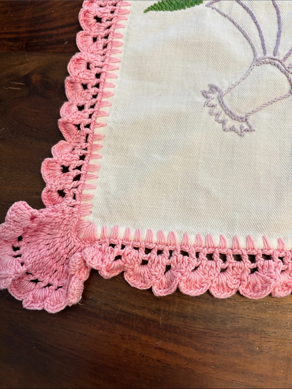 Embroidered Floral Linen Runner with Pink Crochet Trim- Fabulous!